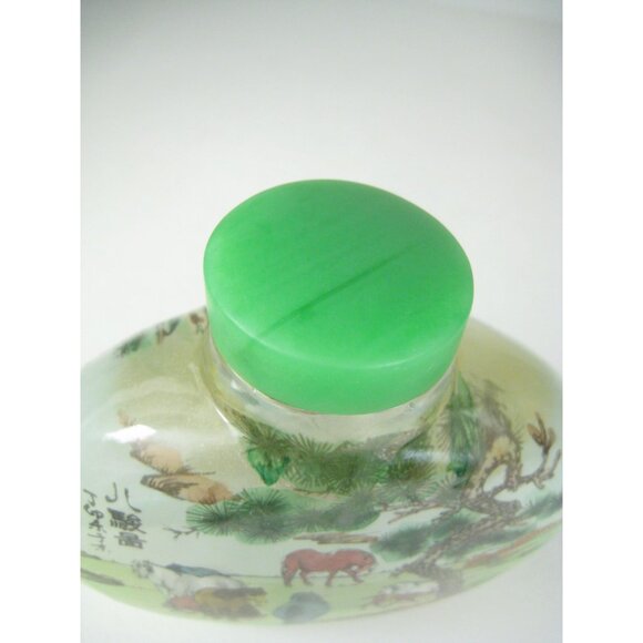 Hand Painted Chinese Reverse Glass Snuff Bottle Cap Box Farm Horses Landscape - Picture 10 of 16